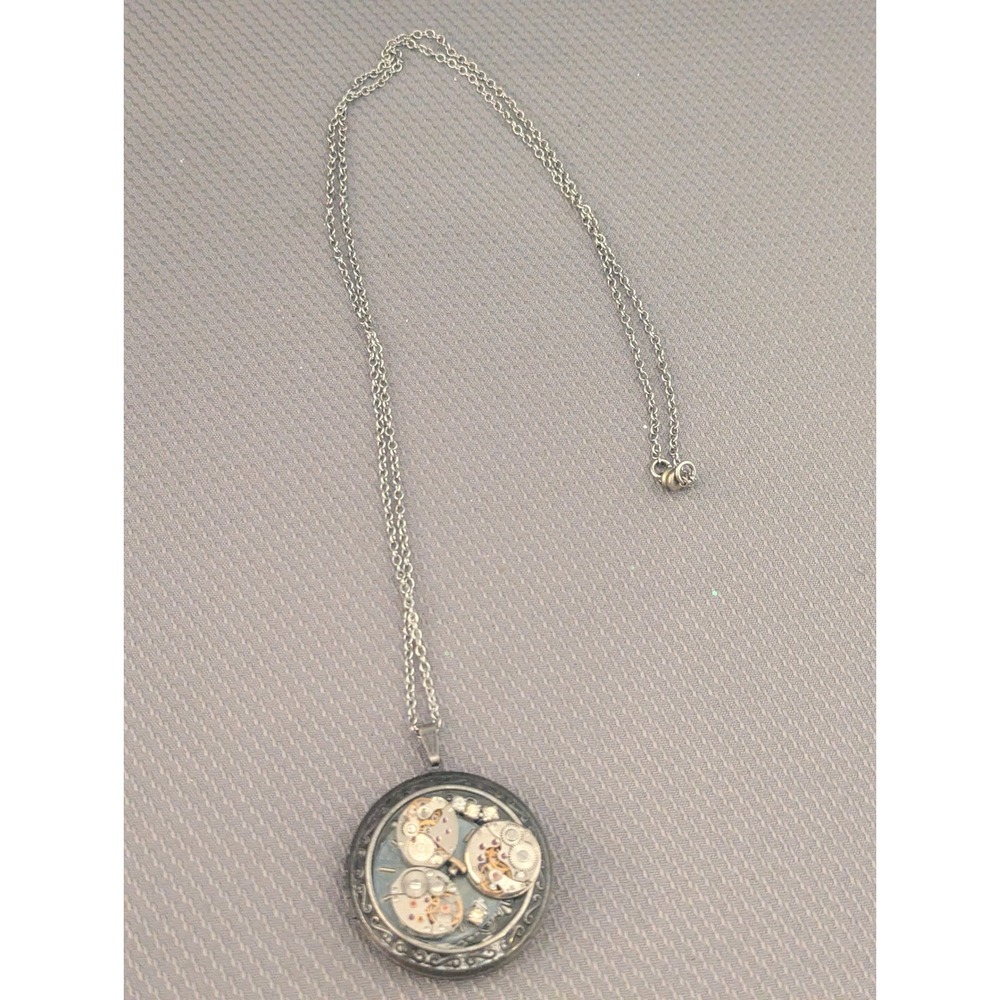 Steampunk Vintage Watch Movement Locket Necklace Silver Tone Magnetic Clasp 32in